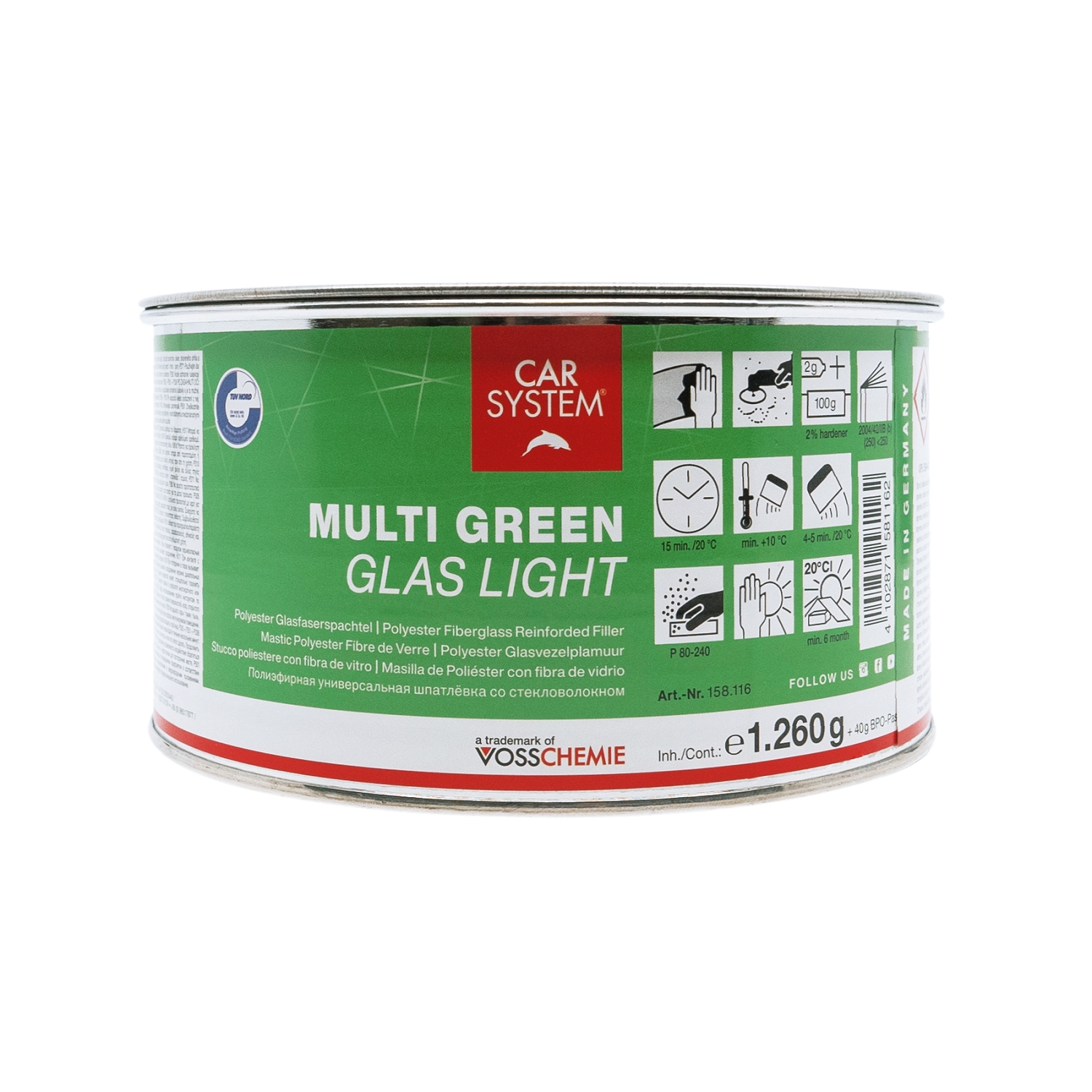 Шпатлёвка полиэфирная CARSYSTEM MULTI GREEN GLAS LIGHT 1.3 кг (с отвердителем)