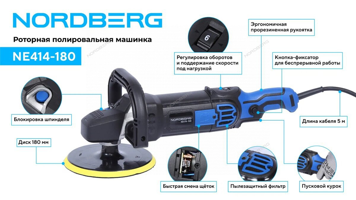 Полировальная машинка, диск 180 мм, 600-3000 об/мин, 1500 Вт NORDBERG