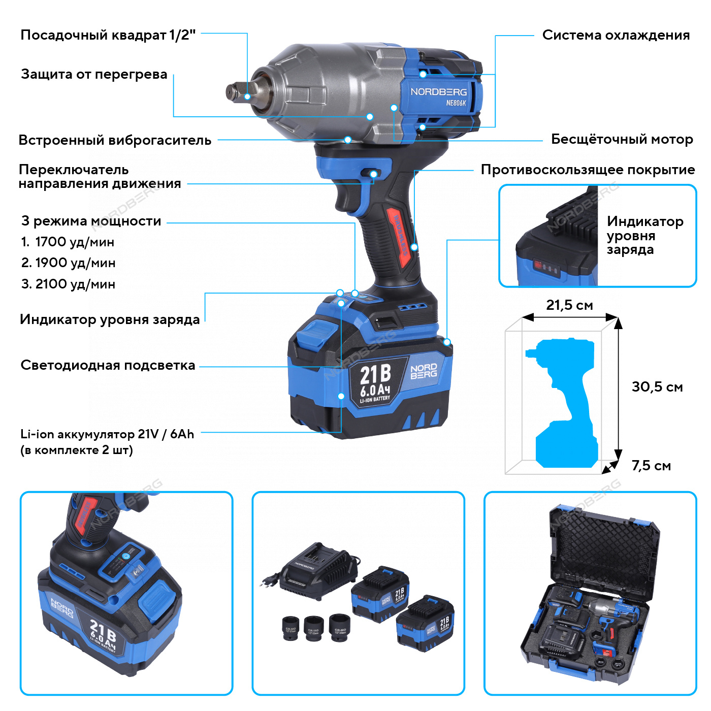 Гайковерт аккумуляторный, 1/2", 21 В, 1500 Нм, 2 аккумулятора 6 A и зарядное устройство, в кейсе NORDBERG