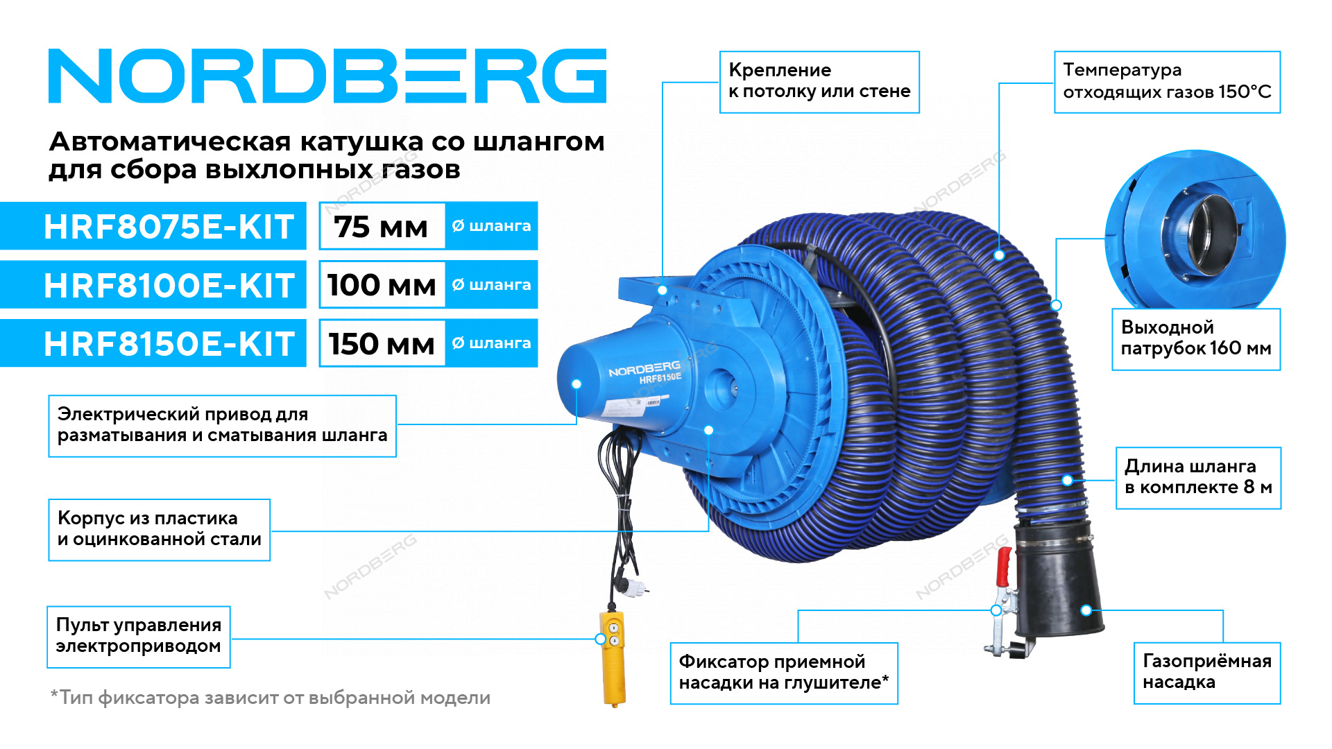 Катушка для сбора выхлопных газов с автоматическим приводом со шлангом D=75 и насадкой NORDBERG