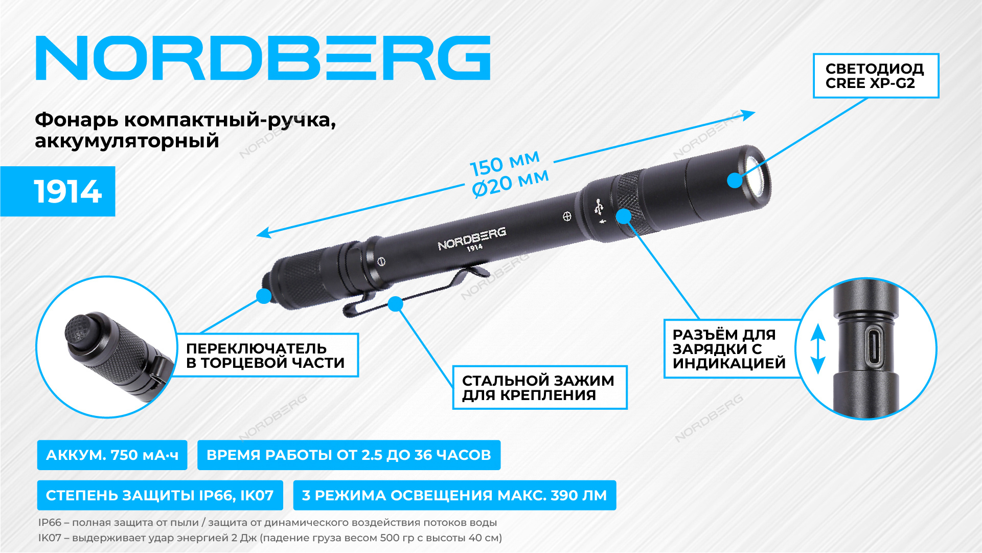 Фонарь светодиодный, компактный - ручка, аккумуляторный NORDBERG