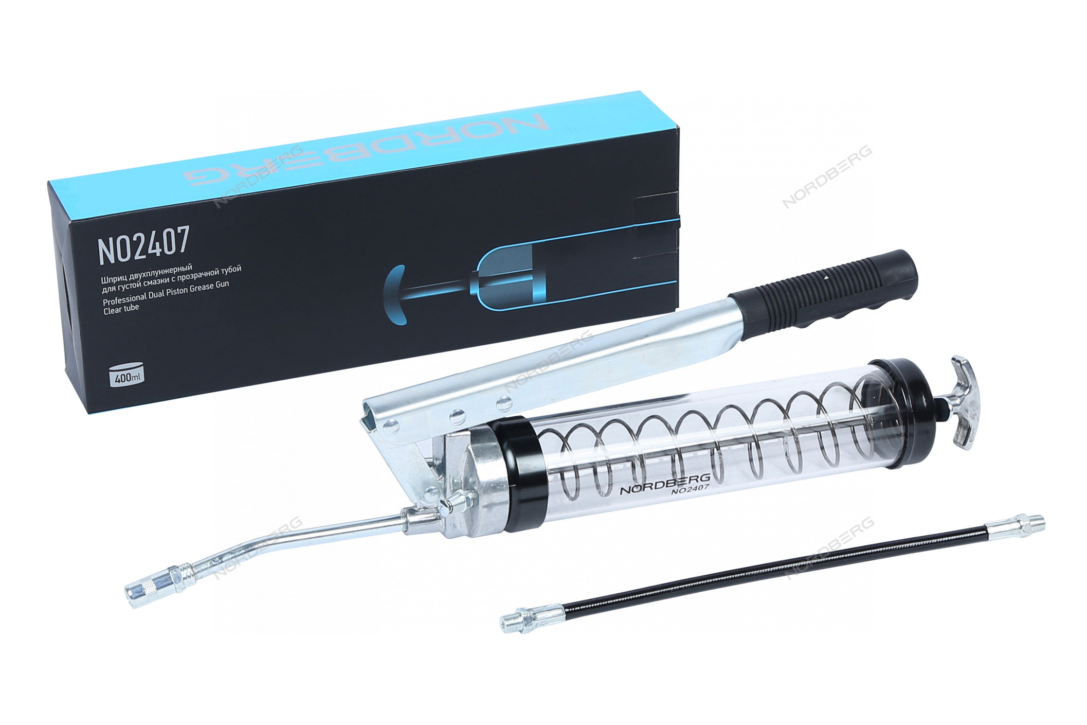 Шприц двухплунжерный для густой смазки с прозрачной тубой, 400 мл NORDBERG